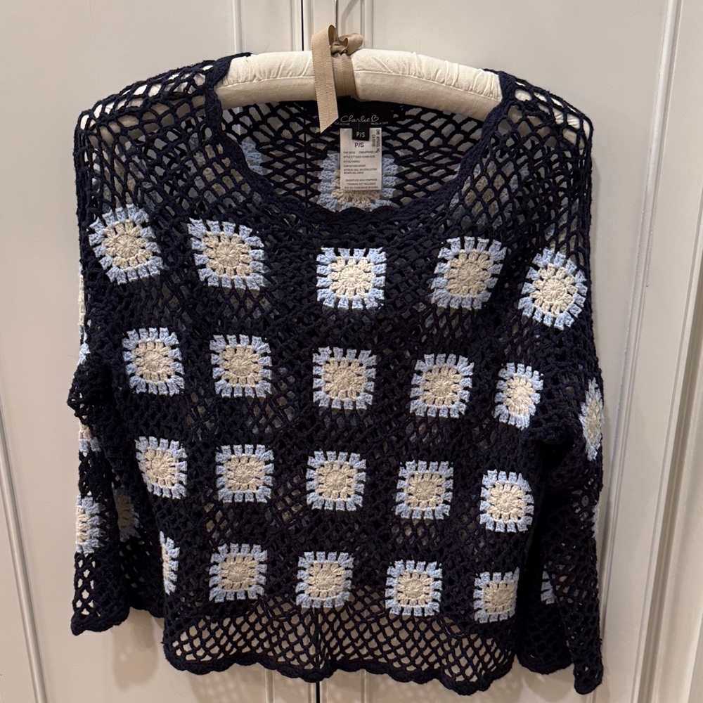 CHARLIE B Navy and White Crochet Sweater